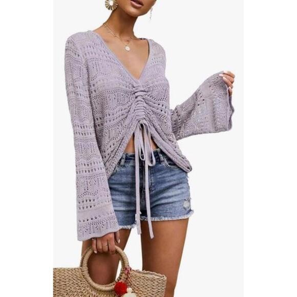 Other - Women’s Summer Knit Crochet Bathing Suit Cover Pullover Front Ruching M Lavender